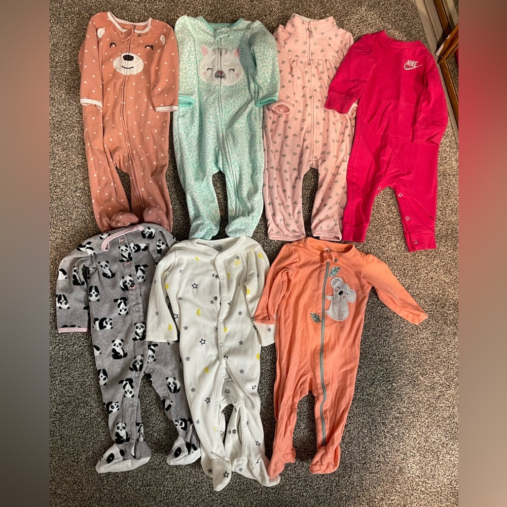 7 piece baby girl footed sleeper onesies and romper bundle lot; Size 6-9 months